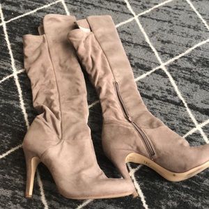 Taupe over the knee suede boots with zipper